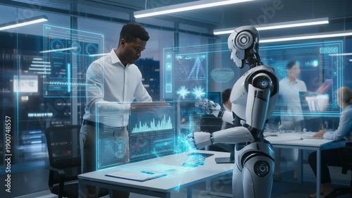 Futuristic businessman collaborating with advanced robot using holographic data screens in modern office