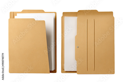 Two tan file folders, open, showcasing white papers inside