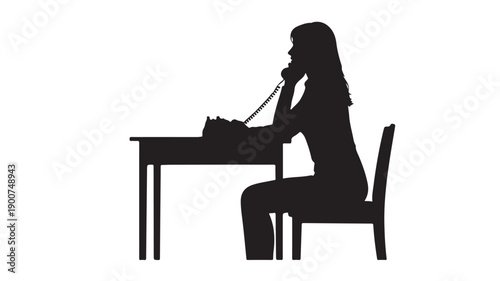 Woman using old rotary phone in simple silhouette style with dark tone on white background for customer service