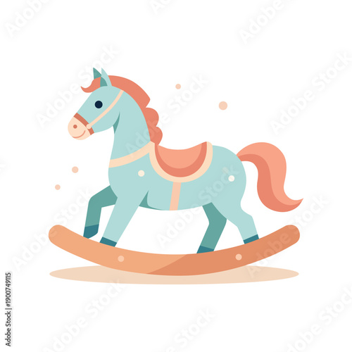 Illustration of a blue rocking horse with orange mane and saddle on a wooden rocker against a clean white background.