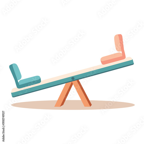 Teal and pink seesaw on a tan base against a white background in a simple graphic style.