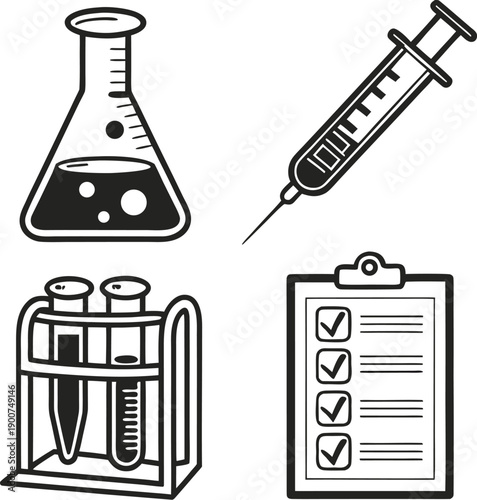 A comprehensive chemistry icon set featuring a professional collection of essential laboratory equipment icons for scientific research and education