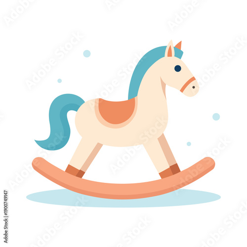 A cartoon-style illustration of a rocking horse with a blue mane and tail, orange saddle and bridle, on a curved base against a white background with light blue dots.