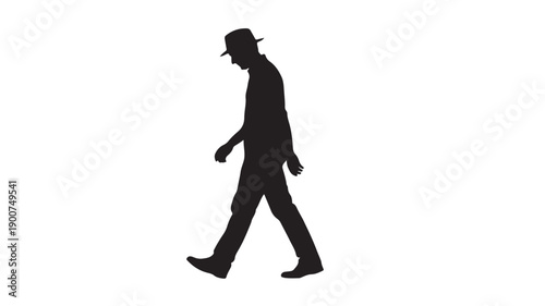Silhouette of man walking in hat with confident stride in dark monochrome on white background for advertising