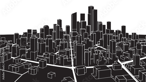 Cityscape outline in modern futuristic style with monochromatic black and white color scheme on digital graphic texture for urban planning