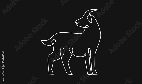Continuous Line Drawing of a Goat with Horns. Minimalist Single Stroke Animal Art on Black Background.