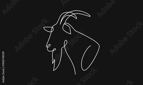 Continuous Line Art Drawing of a Goat Head with Horns and Beard