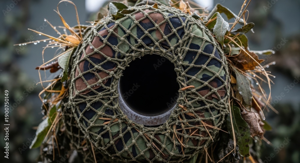 Fototapeta premium Close-up view of military weapon barrel covered in camouflage. Military weapon barrel with ghillie suit, netting, and natural foliage for concealment, blending into environment.