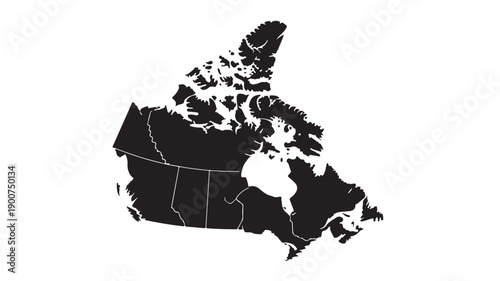 Map of Canada in black silhouette with provinces outlined in white on plain white background for geographic illustration