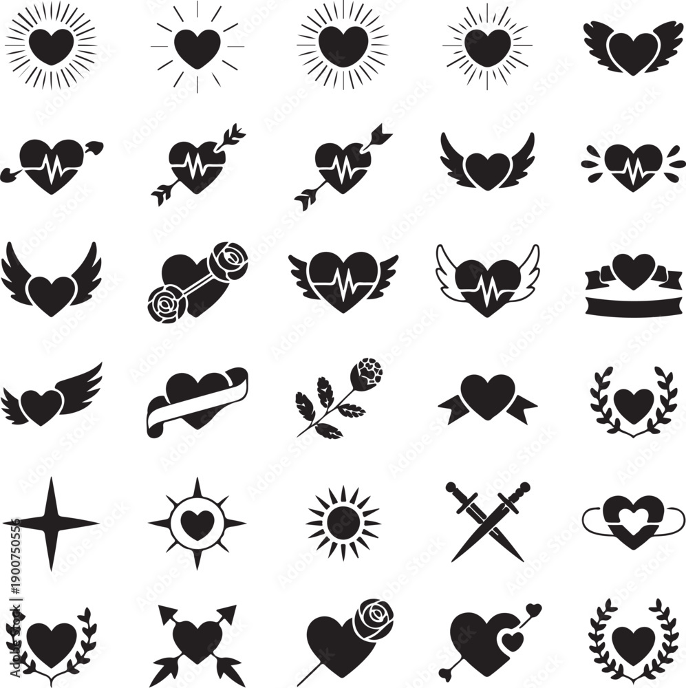 Obraz premium Heart Icons Collection: Love Symbols & Romantic Elements, Vector Set