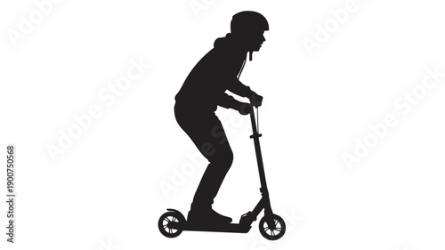 Silhouette of a man riding an electric scooter in dynamic motion with dramatic lighting on isolated white background for urban transportation