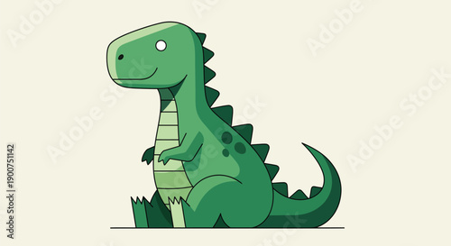 A cute and friendly green dinosaur mascot illustration, sitting and smiling with a big tail