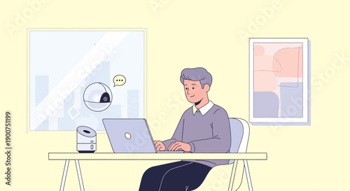 A man working on a laptop at a desk with a smart device and artwork on the wall