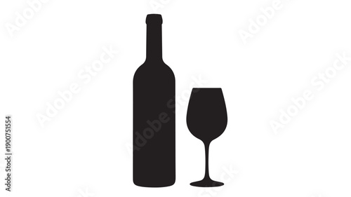 Wine bottle and glass silhouette illustration.