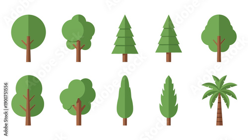A vibrant collection of diverse flat design tree illustrations, featuring a variety of deciduous, coniferous, and tropical palm trees for nature-themed graphics and environmental projects