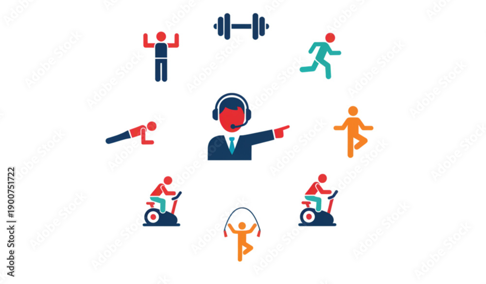 Fototapeta premium Gym Workout and Fitness Activity Icons Vector Set in Solid Flat Style