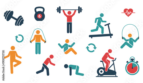 Solid Vector Icons of Fitness and Gym Exercises for Sports and Wellness Design