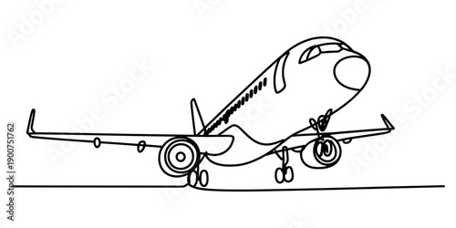 Continuous line drawing of a commercial airplane taking off from the runway into the sky.