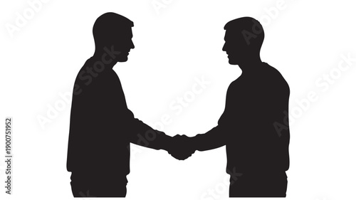 Two men shaking hands in silhouette against a white background.