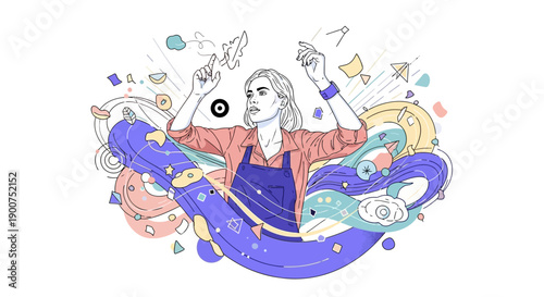 Creative Woman Illustration with Abstract Flowing Shapes and Modern Artistic Style