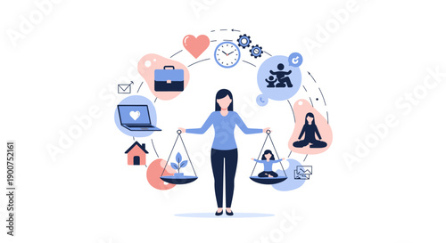 Work Life Balance Woman Illustration with Family Career and Wellness Concept
