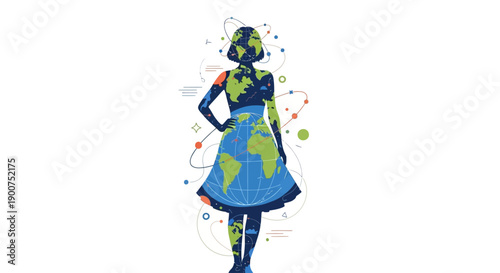 Abstract Woman Silhouette with World Map and Global Sustainability Concept Illustration
