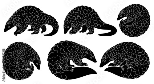 Vector silhouette illustration of pangolins (trenggiling) in various poses, including walking, standing on hind legs, curled into a defensive ball, and resting