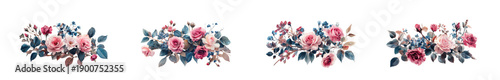 Vintage style floral border with roses, berries, and leaves on transparent background isolated on transparent background