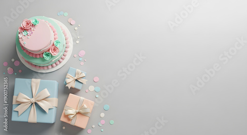 Celebratory cake with gifts on a minimalist background viewed from above