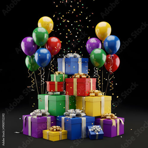Colorful gifts and balloons stacked high celebrating a joyful event