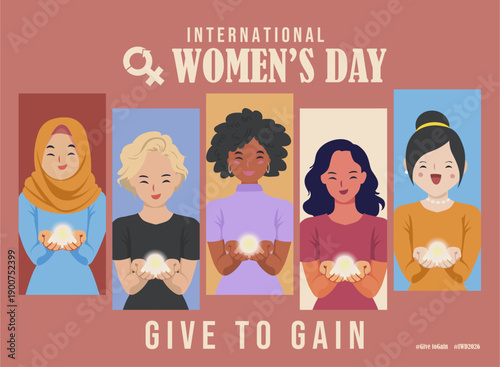Give to Gain - International Women’s Day 2026 Women Solidarity Illustration with multicultural women holding light hands. Ideal for IWD 2026, gender equality, empowerment, and diversity campaigns.