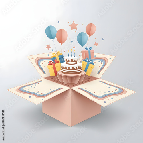 Celebratory cake emerging from gift box with balloons and decorations
