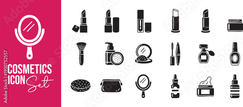 Set of Minimalist Beauty Product Icons and Cosmetic Silhouettes Featuring Diverse Black Solid Makeup Skincare and Fragrance Graphic Symbols