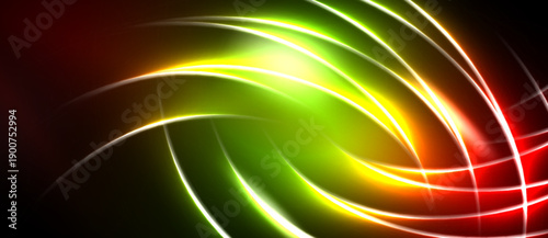 Bright abstract lines swirl, creating dynamic energy. Vivid colors blend, forming luminous patterns against dark background.