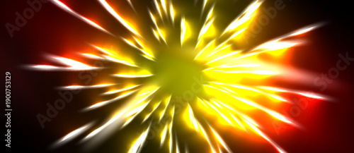 Bright explosion radiates outward. Yellow, orange, white hues dominate dark background. Intense energy, dynamic visual effect.
