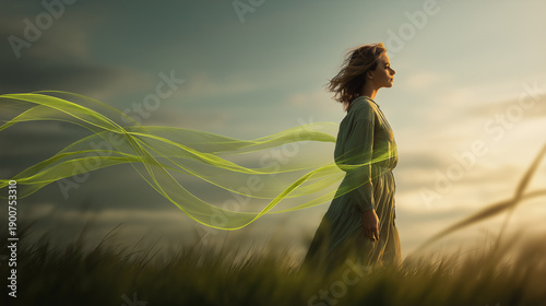 Young woman with peaceful mood walking through grassy field symbolizing freedom and inner energy at sunset with copy space