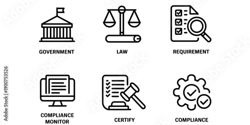 Set of black and white icons representing government, law, requirement, monitoring, and compliance.