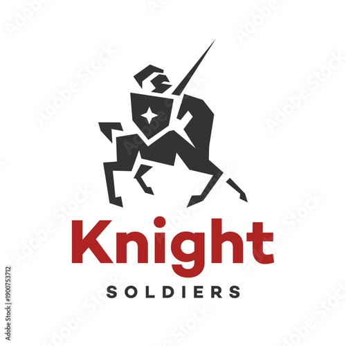 Knight on horse logo minimalist design. Horseman with sword and monogram shield icon. Medieval armored swordsman on horseback symbol. vector stock template illustration