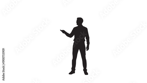 Silhouette of man pointing gesture in dark minimalist style with soft studio lighting on isolated white background for advertising