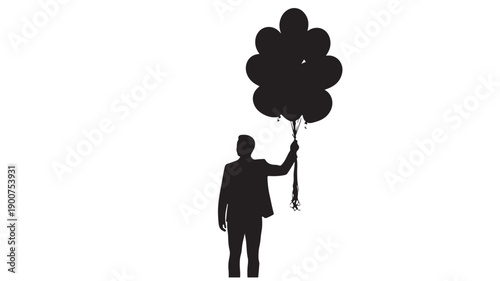 Silhouette of businessman holding bunch of black balloons in minimalist style with dramatic lighting on isolated white background for advertising