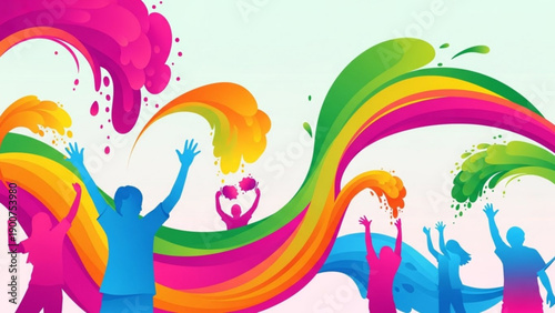 Vibrant silhouettes celebrate with colorful paint splashes and heart symbol in lively scene