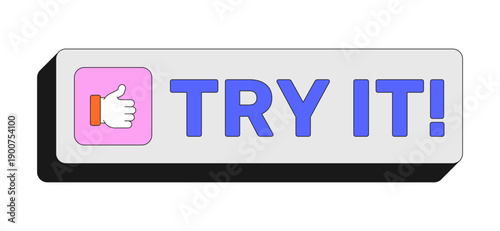 Try it rectangular UI web button. Trial functionality. User interaction. Test tool. Preview mode. Demo feature. Colorful clickable element. Call to action for social media, streaming. Rubik font used