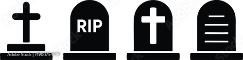 Varied Cemetery Tombstone and Gravestone Icon Set, Monochrome Memorial Markers with Cross and "RIP" Inscriptions, vector, illustration, silhouette