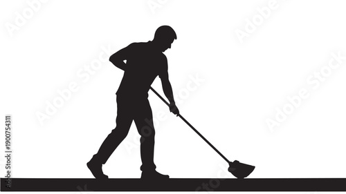 Man sweeping floor in silhouette with dark tone on white background for janitorial service