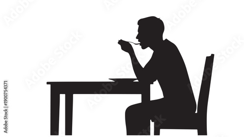 Man eating alone in silhouette on white background with dramatic lighting for mental health awareness