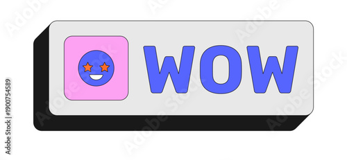 Wow rectangular UI web button. Amazement excitement expression. Admiration reaction. Impressive viral post. Colorful clickable element. Call to action for social media, streaming. Rubik font used