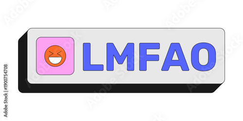 LMFAO rectangular UI web button. Uncontrollable laughter. Funny internet humor. Joke response. LOL comic relief. Colorful clickable element. Call to action for social media, streaming. Rubik font used