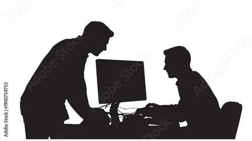 Two men collaborating on computer in dark silhouette with stark white background for professional workspace