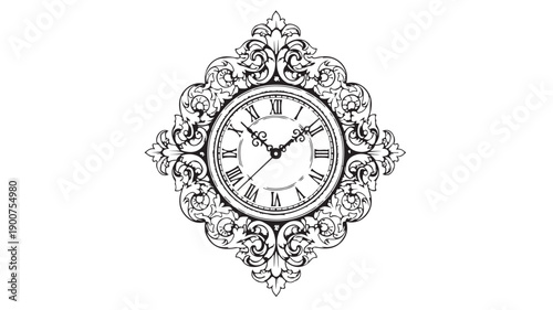 Ornate Clock Face in Vintage Floral Frame with Detailed Line Art in Black and White for Tattoo Design