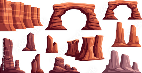 Set of stylized red canyon cliffs, arches and mesas, desert rock landscape collection, flat vector illustration